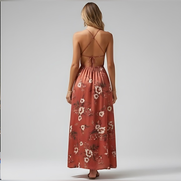 Redwood Floral Print Crisscross Backless Split Thigh Halter Dress - Picture 3 of 6